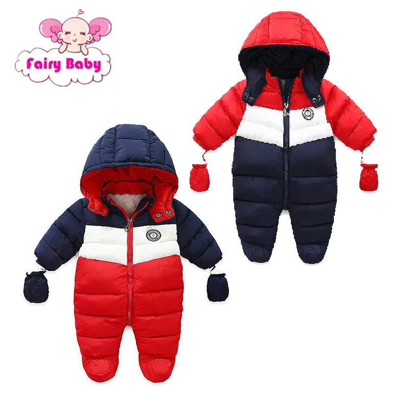 

Overalls For Children Winter Thick Waterproof Snowsuits Infant Jumpsuit For Kids Down Jacket Romper Outwear Hoodied Footie