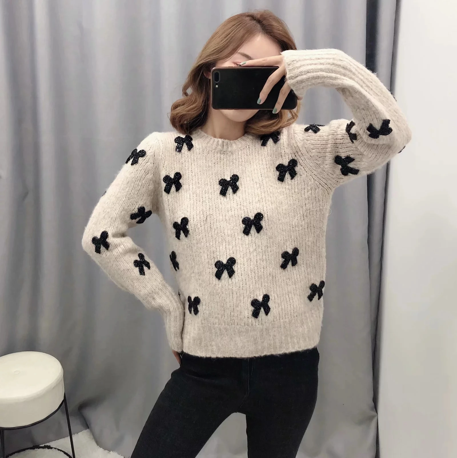 Новые женские бежевые свитера со стразами и бантом шикарный вязаный пуловер с