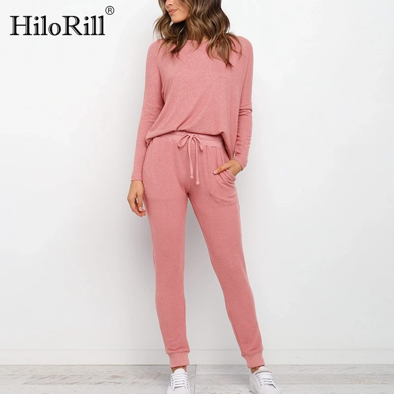 

HiloRill Women Solid 2 Piece Set Casual Tracksuit 2021 Batwing Long Sleeve Pullover Sweater With Long Pencli Pants Outfits