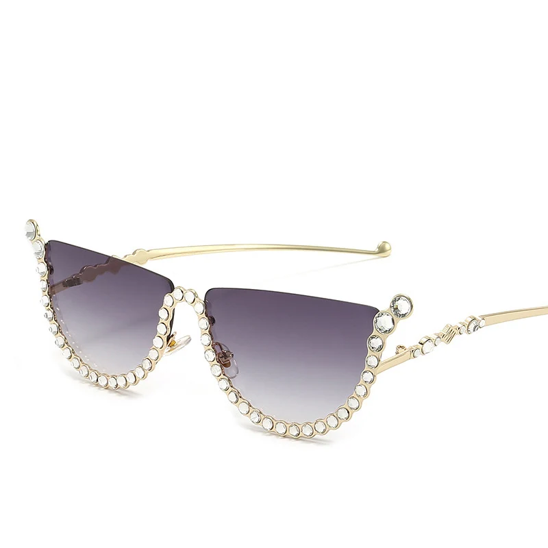 

MIMY Vintage Fashion Luxury Diamond Sunglasses Women Crystal Rhinestone Half Frame Brand Designer Punk Travel Gradient Sun