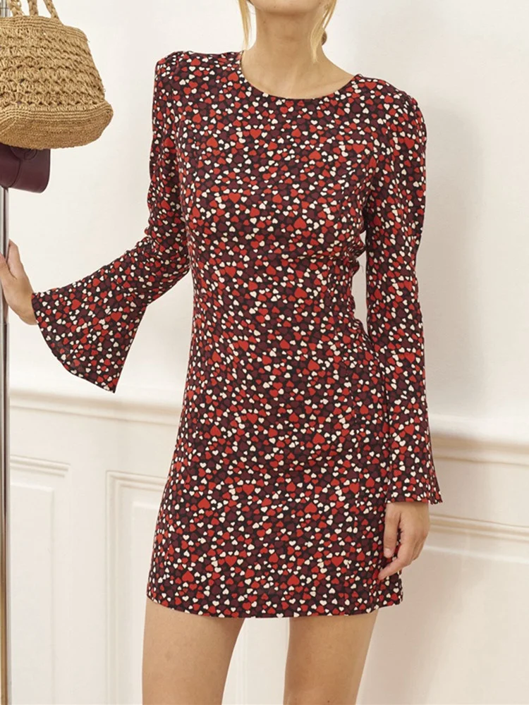 

Heart Print Dress Women's O-neck Flare Sleeve 2021 Autumn Ladies Mini Dresses