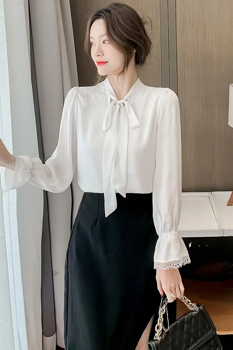 

COIGARSAM Full Sleeve blouse women New Spring Chiffon Bow blusas womens tops and blouses White 9650
