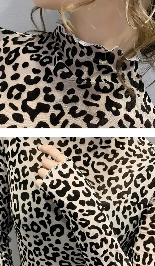 

Autumn Winter European Clothes T-shirt Fashion Mesh Flock Printing Turtleneck Women Tops Ropa Mujer Bottoming Shirt Tees T08404L