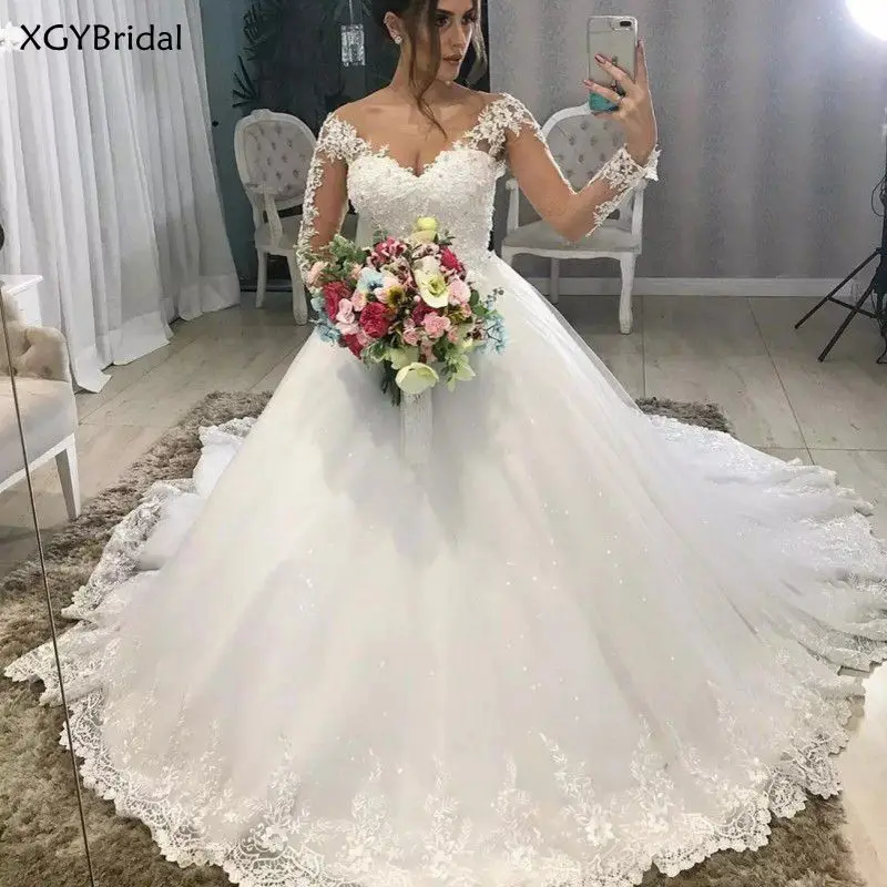 

New Arrival Luxury Appliques Bridal Gowns Modest Design Wedding Dresses Sheer Jewel Neck Long Sleeves Button Back robe de mariee