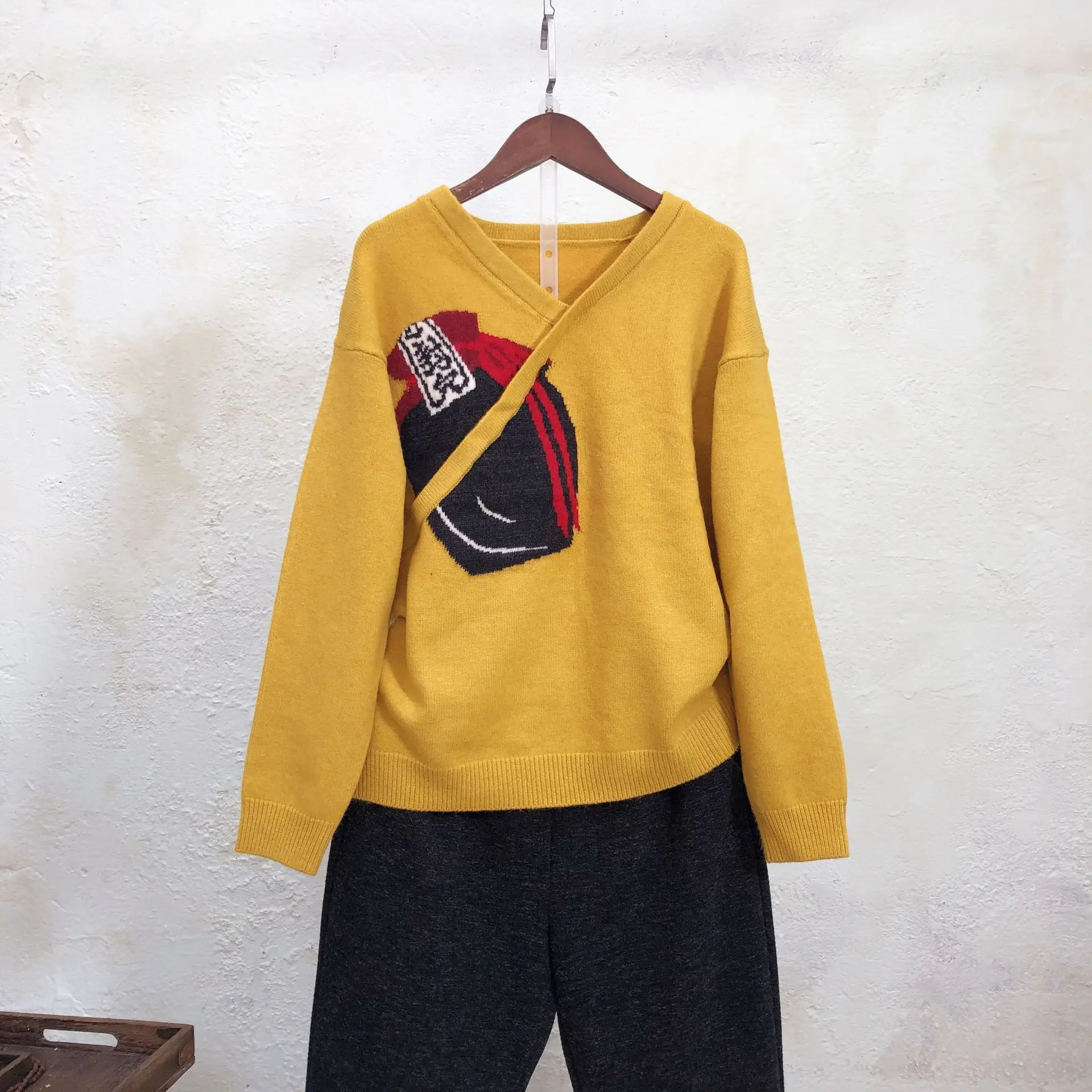 Китайский ветер ретро v образным вырезом рубашка Осень Зима Одежда Han Sen Отдел