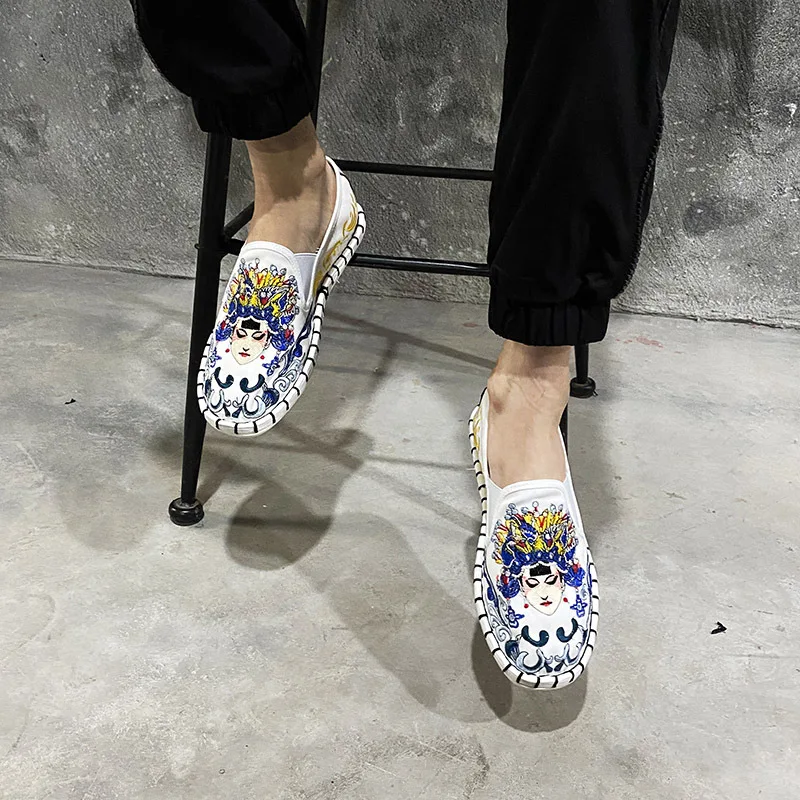 Туфли мужские резиновые с вышивкой парусиновые эспадрильи лоферы прочные