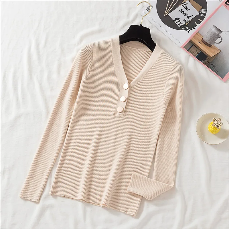 Gagarich Slim Sweater Autumn Winter 2020 New Korean Button V-neck Solid Knit Female Top Long Sleeve Versatile Pullover Bottoming | Женская