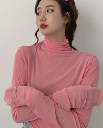 pink mesh 5 цветов летняя Корейская ins Стильная однотонная футболка с короткими рукавами женские Топы повседневные футболки femme(R4481 - Цвет: pink mesh