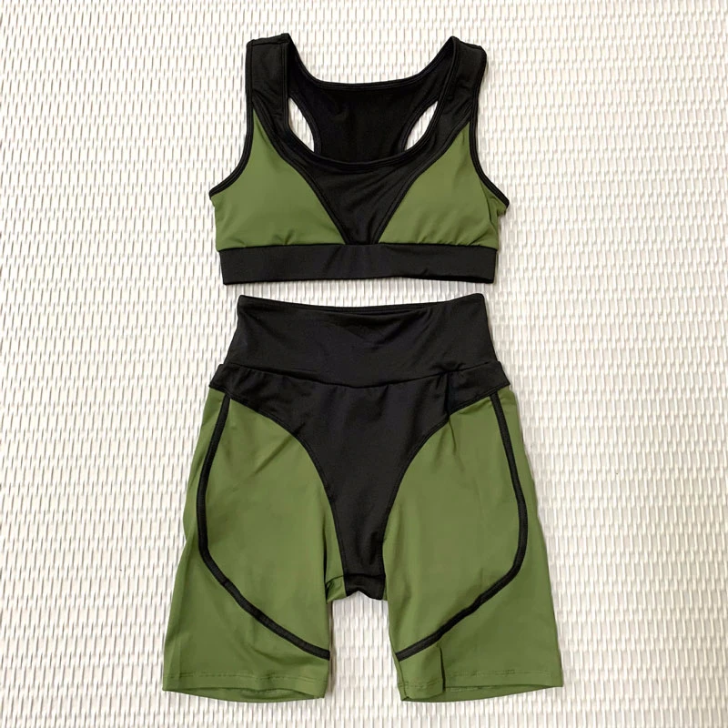 

Sexy Patchwork Women Fitness Sportwear 2 Piece Set Suit Gym Sport Bra Short Workout Running Outfit High Waist Tight Biker Shorts