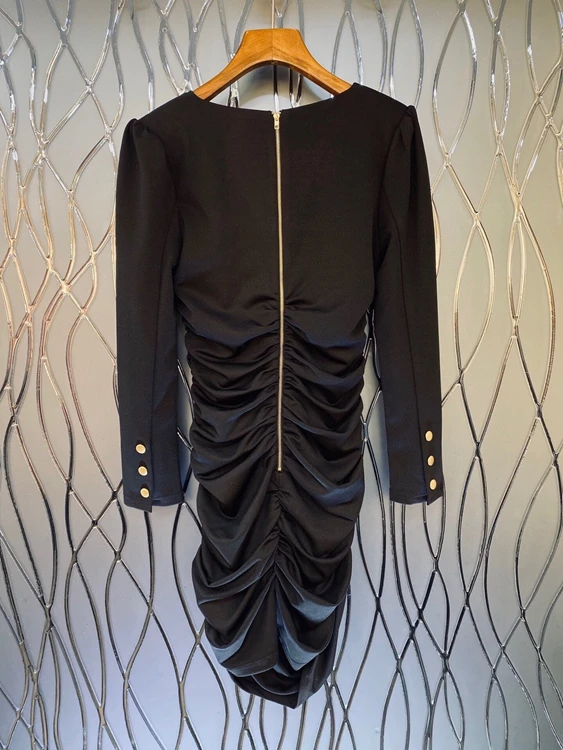 

2021 spring and summer new women's fashion V-neck back zipper decorative hem wrinkled long sleeve dress 312
