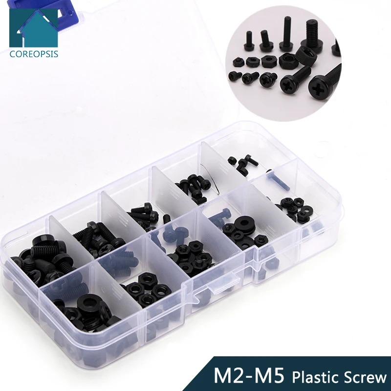 

M2 M2.5 M3 M4 M5 Nylon Bolts Hex Nuts Washers Set Phillips Screw Black Plastic Screws Assortment Kit 150pcs/set