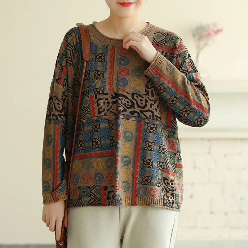 Женские винтажные свитера с цветочным принтом и круглым вырезом свободные