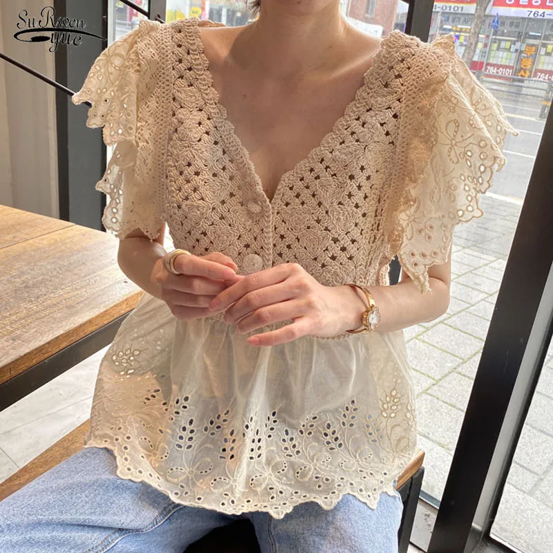 

Blusas Mujer V образным вырезом рубашка для женщин с короткими рукавами и цветочным узором; Женская блузка полые, в Корейском стиле; Сезон лето 2021 ...