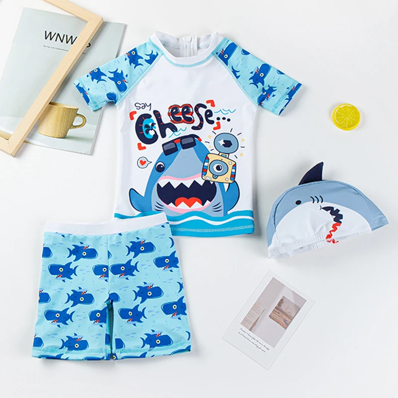 Kids Swimsuit Cartoon Print Children's Swimwear Boys UPF50 Short Long Sleeve Toddler Boy Swimming Wear 3 pcs Bathing Suit Child