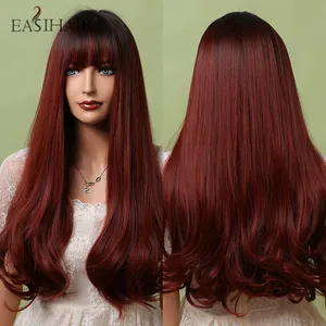 EASIHAIR Burgundy Red Long Synthetic Wigs Black to Dark Red Ombre Wigs for Black Women Natural Wig Bangs Wine Red Cosplay Wig