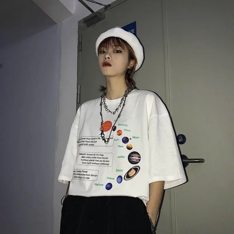 Футболка Ulzzang Harajuku в Корейском стиле с изображением Галактики планет букв