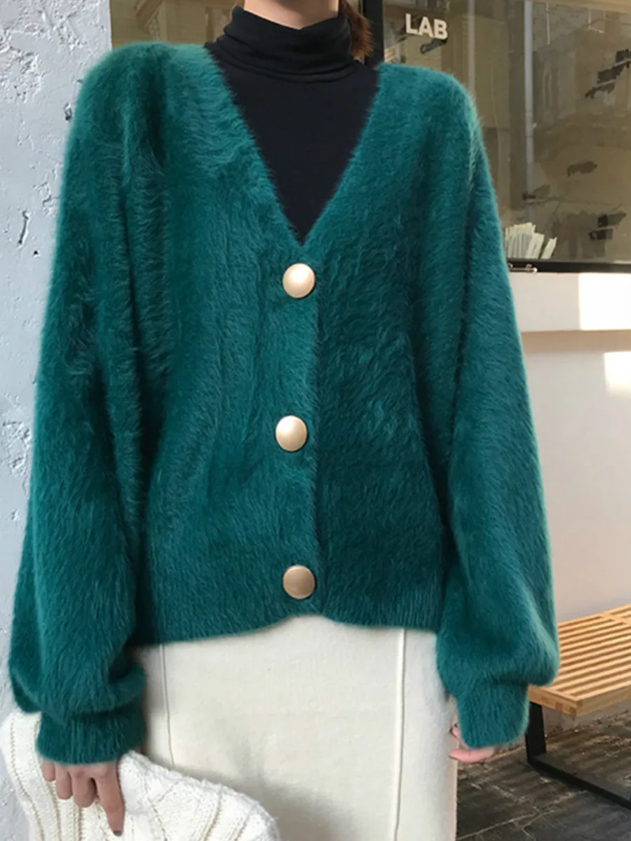 Однобортный шерстяной женский кардиган с блестящими пуговицами повседневный