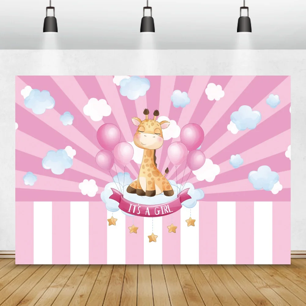 

Фотофон на день рождения девочки с мультяшным жирафом в розовую полоску для фотосъемки ребенка портрет пользовательский Постер фото фон