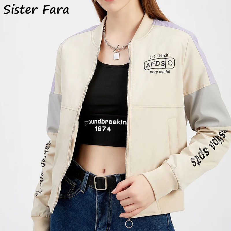 

Sister Fara Cotton Splice Print Bomber Jacket Coat Spring Women's O-Neck Zipper Slim Coat Autumn Female Casual Baseball Jackets