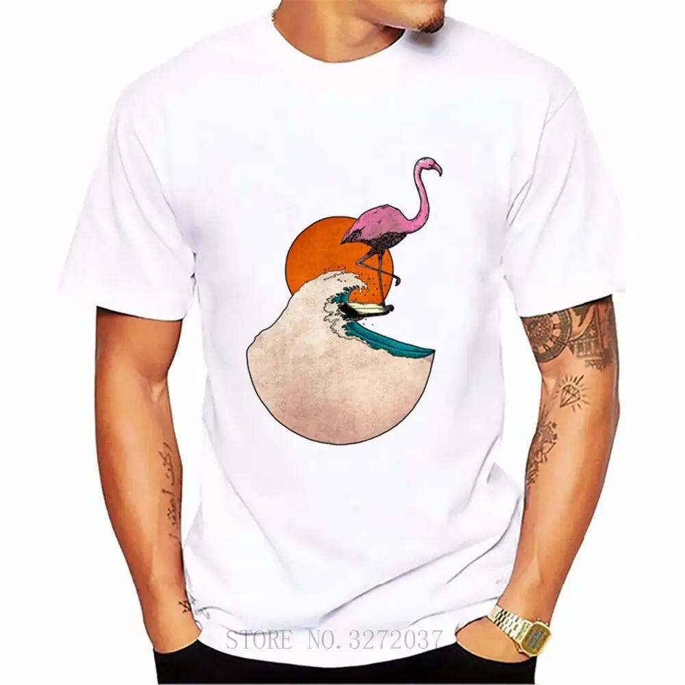 Flamingo surf T-shirts men Summer Tees Short Sleeve Tops Harajuku T Shirts Comfortable All Cotton | Мужская одежда