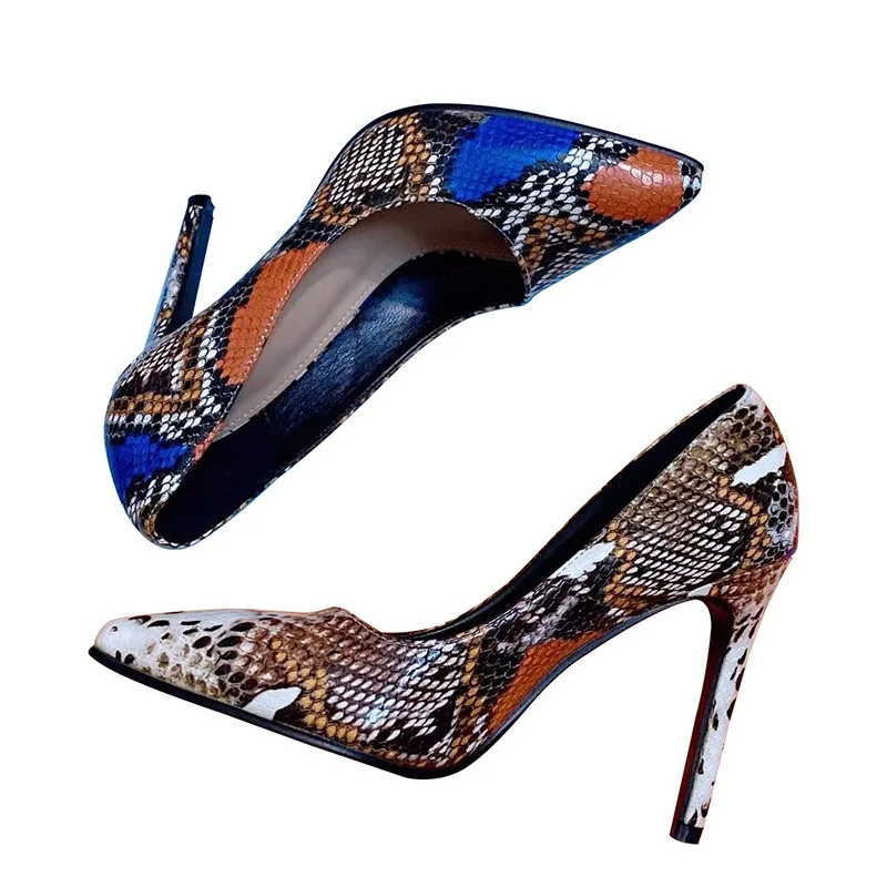 

Fashion Ins Trend Pumps Women Snake Print Leather Shallow Thin High Heel Pointed Toe Rubber Sole Office Ladies Shoes Wedding