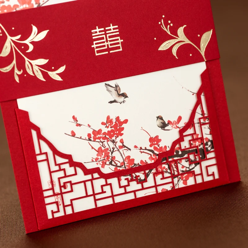 

Red Chinese traditional Wedding Invitation card with Double Happiness Laser Cutting Wedding Invitation Customized card