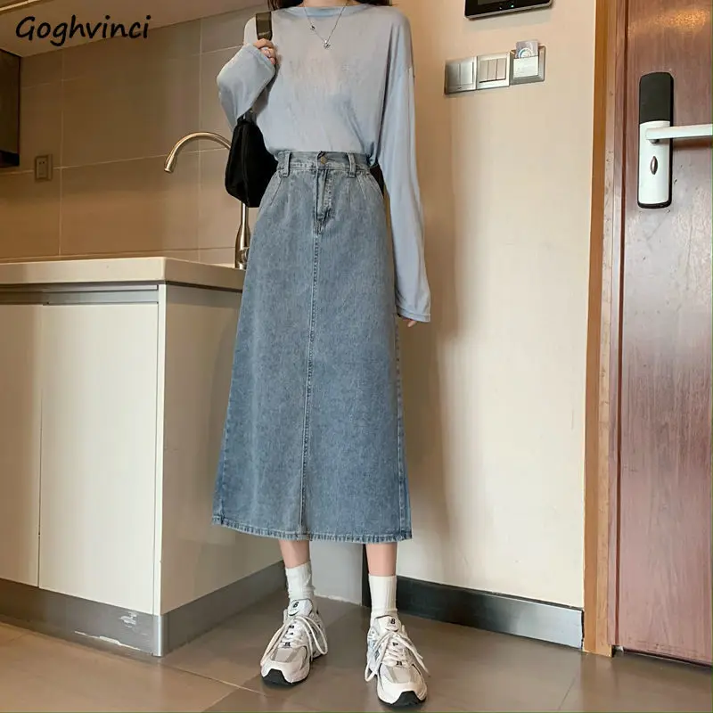 

Mid-calf Denim Blue Women Skirts A-line Zipper Vintage Button Korean Style Black-slit All-match Retro Elegant Fashion Chic New