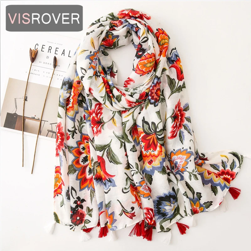 

VISROVER 2021 fashion spring summer flower printing viscose scarf with tassel Fashion Wraps Shawls Summer Beach Hijab wholesales