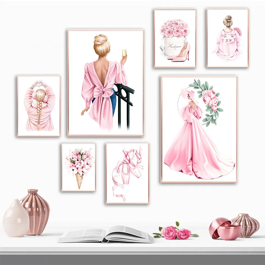 

Fashion Girl Pink Heels Lily Flower Shoes Nordic Posters and Prints Wall Art Canvas Painting Wall Pictures for Living Room Decor