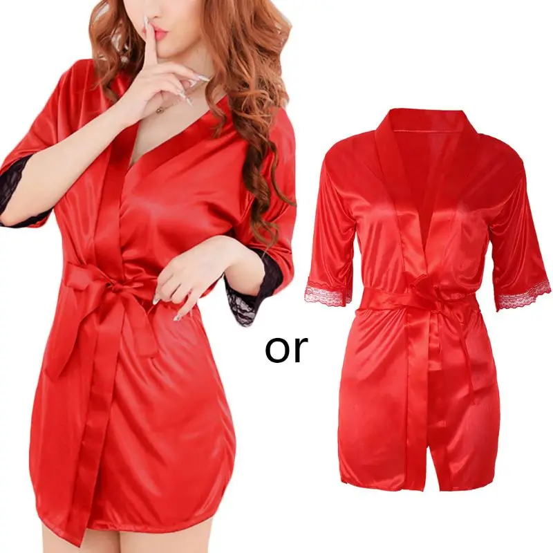 

2021 New Women's Short Kimono Style V-Neck Bathrobe Plain Dressing Gown Bridal Party Robe