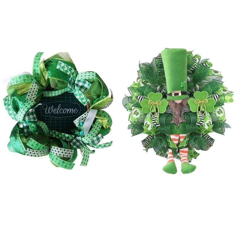 

St Patrick's Day Leprechaun Wreath Clover & Leprechaun Ribbon Wreath Decor for Front Door,St Patrick's Day Door Wreath