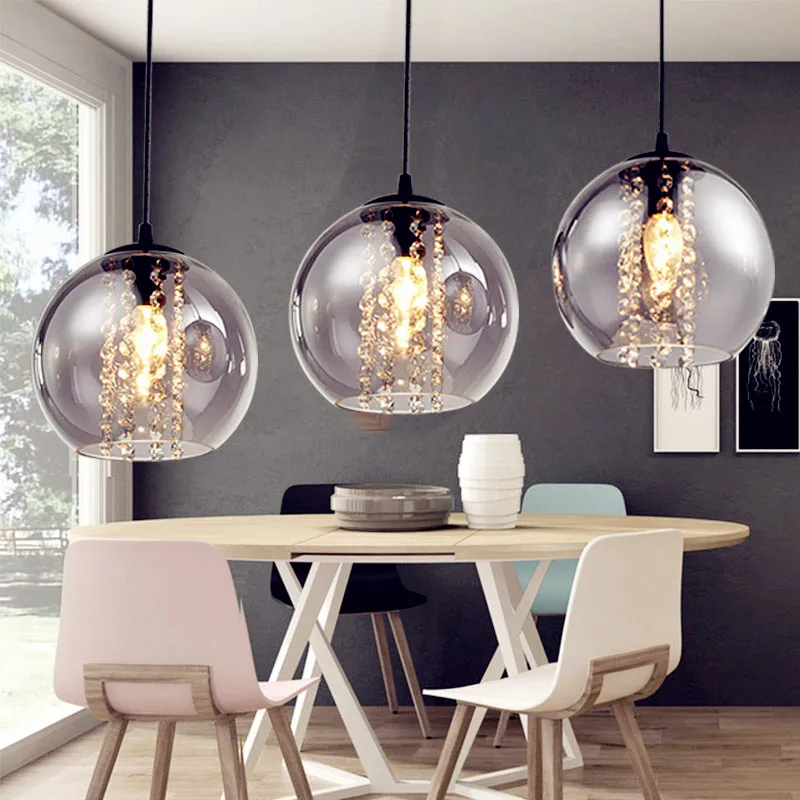 Moda Nórdica lámparas colgantes de cristal para el hogar, lámparas colgantes con bolas de cristal E14, color gris humo, para sala de estar y dormitorio