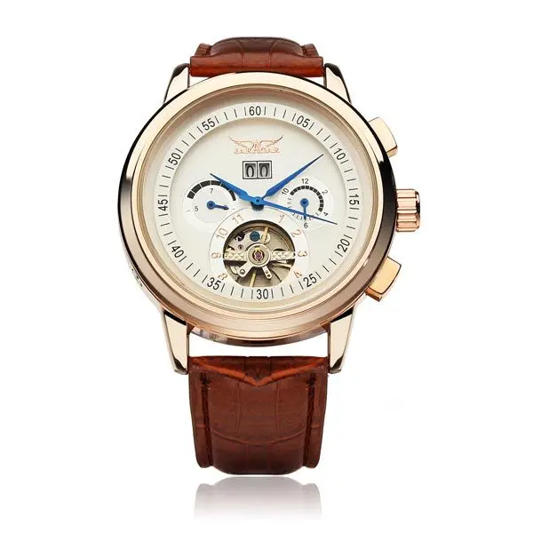 JARAGAR бренд автоматические механические Tourbillon маховик кожа часы Подарочная коробка Relogio relegs новинка - Цвет: Rose Gold Case White