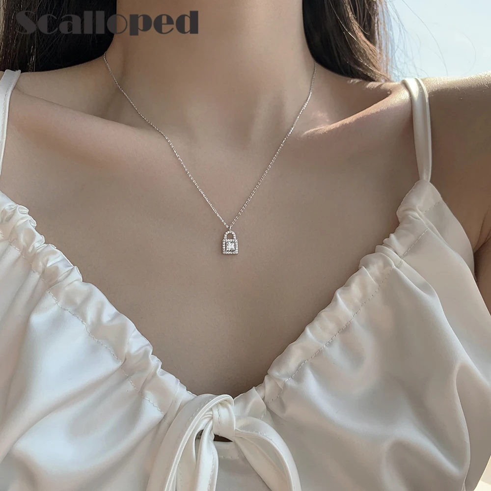 

SCALLOPED Luxurious Sparkling White Zircon Lock Necklace For Women High Quality Chain Statement Choker Jewelry Gifts