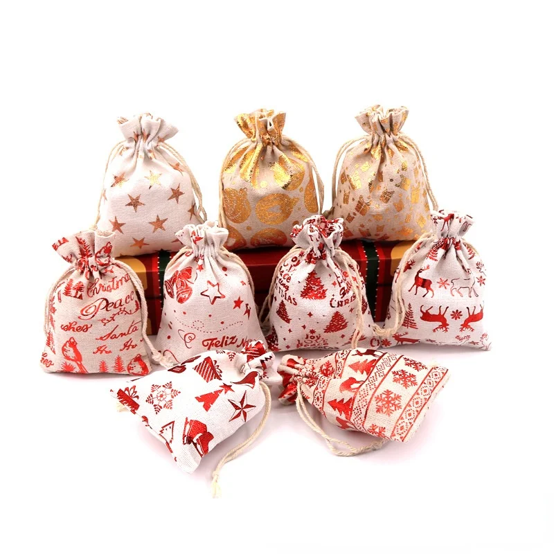 

50pcs Christmas Drawstring Gift Candy Bag Bronzing Printed Cotton Linen Bag DIY Wedding Birthday Home Party Decor Baking Supply