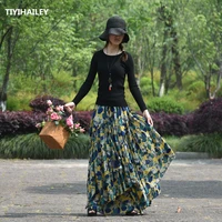 tiyihailey free shipping long maxi a line elastic waist women summer cotton linen chinese style s 2xl flower print big hem skirt