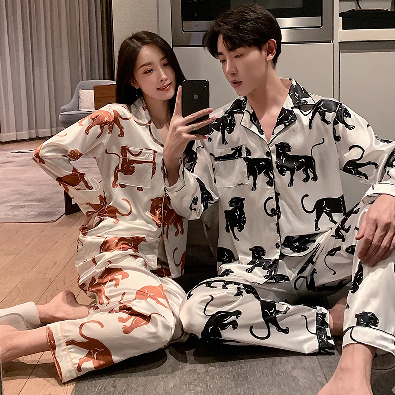 Couple Silk Pajama Sets Satin Pyjama Sleepwear Women Long Sleeve Large Size M-5XL Fashion Pijamas For Men Nightwear New 2021 PJS