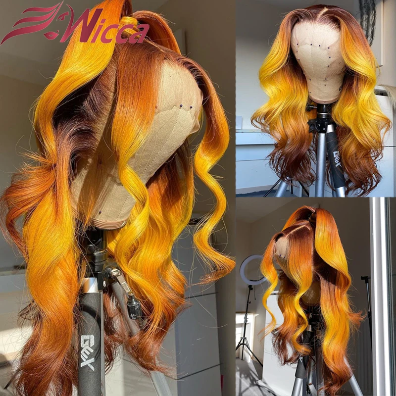 

Омбре хайлайтер желтый парик прозрачный 13x 4 кружевные передние человеческие волосы парики тела волна предварительно выщипанные отбеленны...
