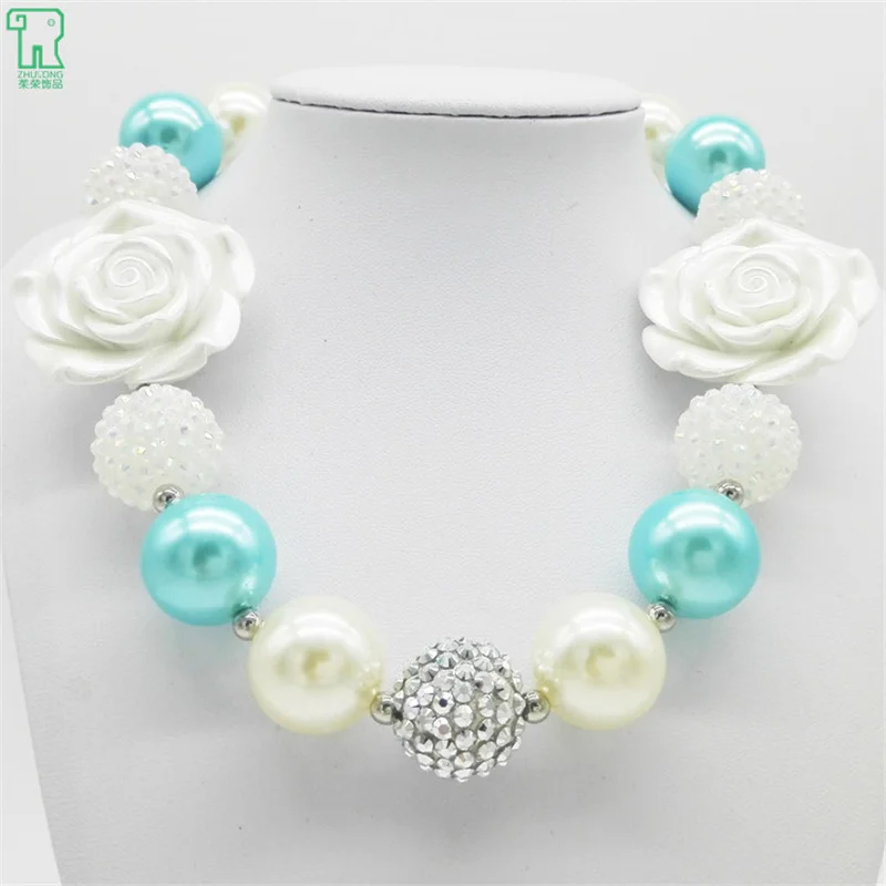 

wholesale 5PCS White Rose Flower Chunky Bubblegum Beads Necklace For Kids Free Shipping