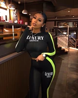 echoine letter printed long sleeve two piece set women sexy tight suit sports casual slim t shirt tops jogger active tracksuits