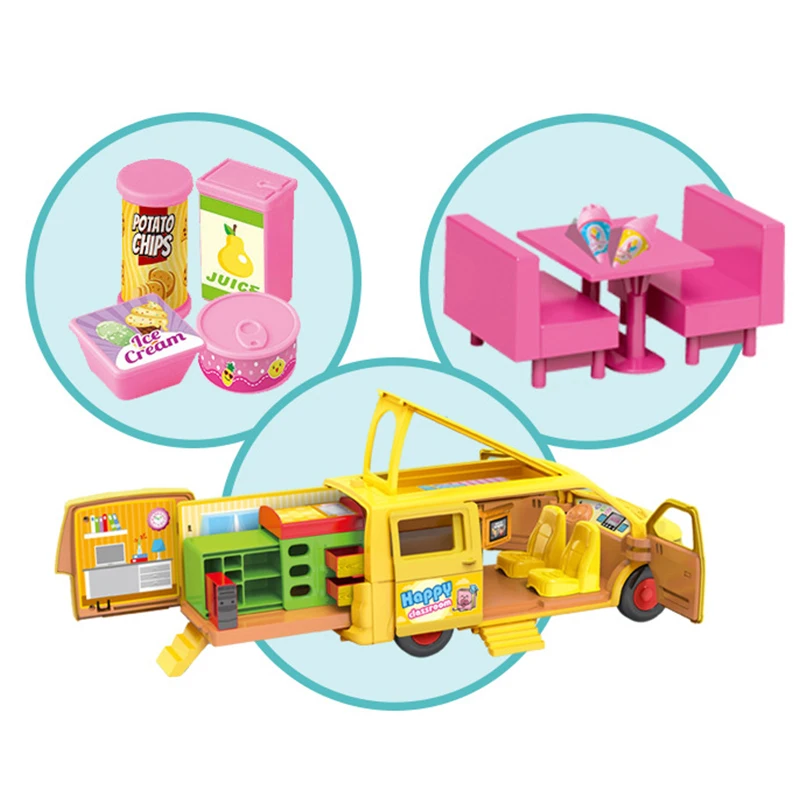 

Simulation Fast Food Truck Car Model Furniture Dolls Pull Back Picnic Car Bus Set Vehicle Pretend Gifts Toy For Girls HC0293