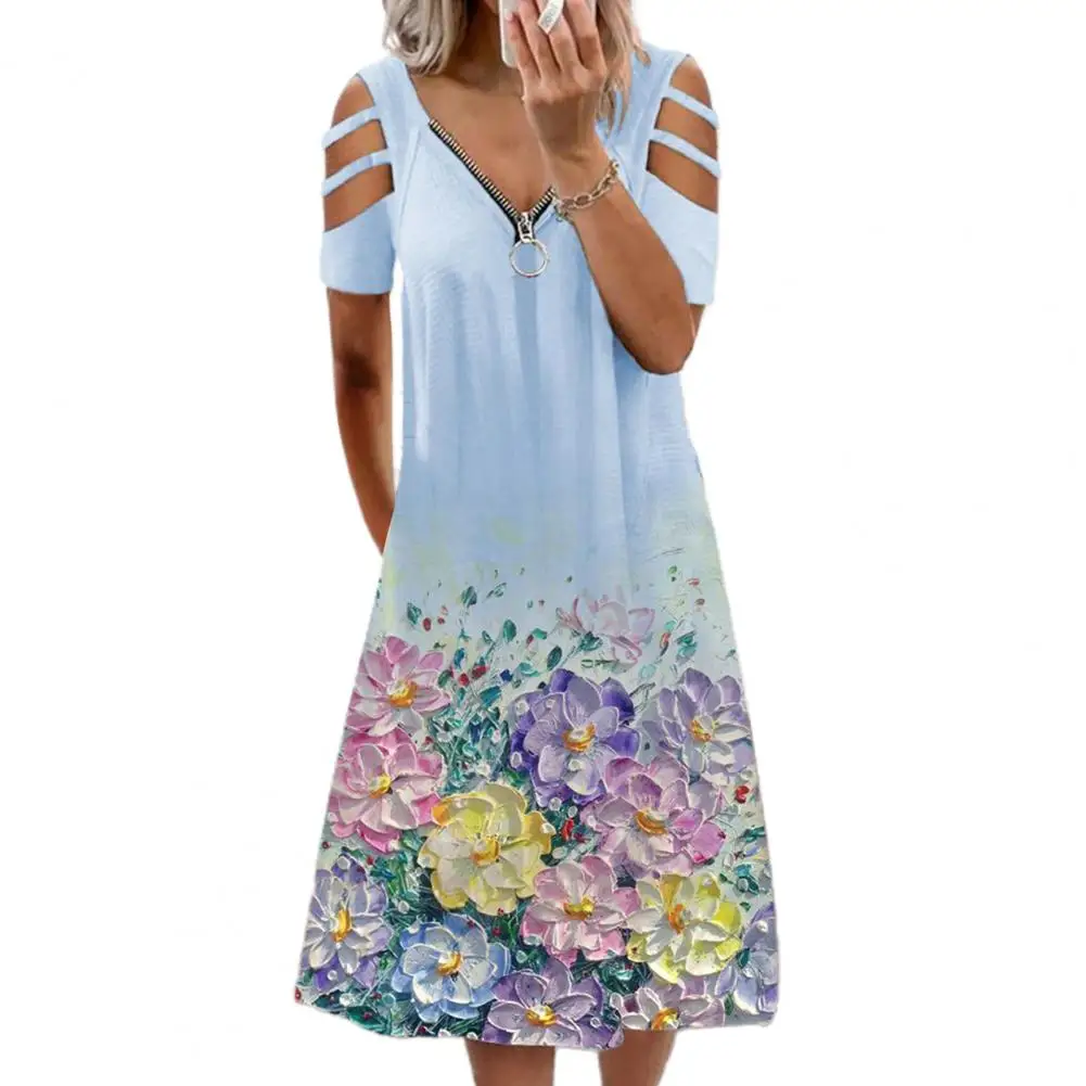 

Summer Women Dress Chic Flower Print Loose Short Sleeve V Neck Dress Dating Apparel Plus Size Elegant Party Dresses