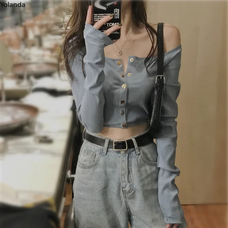 

Новый тонкий короткий топ в гонконгском стиле с длинным рукавом, Сексуальный Кардиган на плечо с прямым вырезом, модная футболка в стиле Хар...