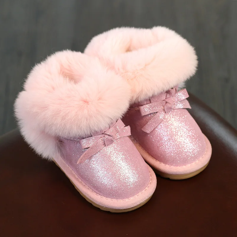 Короткие зимние сапоги для девочек бархатные Детские ботинки с бантом мягкая