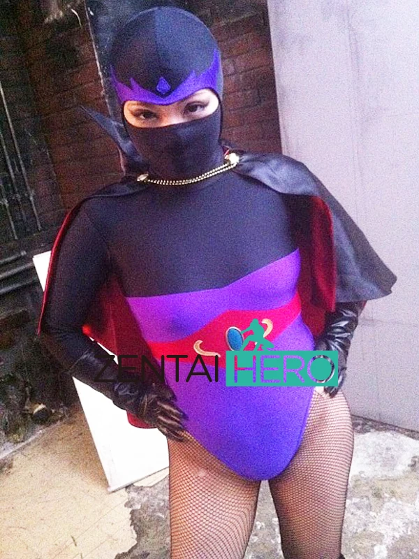 

New Arrival Women's Spandex Bodysuits Black/Purple Villain Lady Hero Zentai Catsuit Lycra Movie Leotard Open Eyes