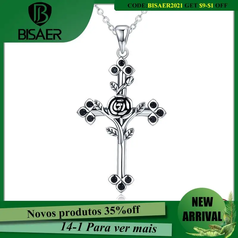 

BISAER Necklaces 100% 925 Sterling Silver The Cross Pendant Black Rose Original Link Chain For Women Fine Jewelry Gift HSN091
