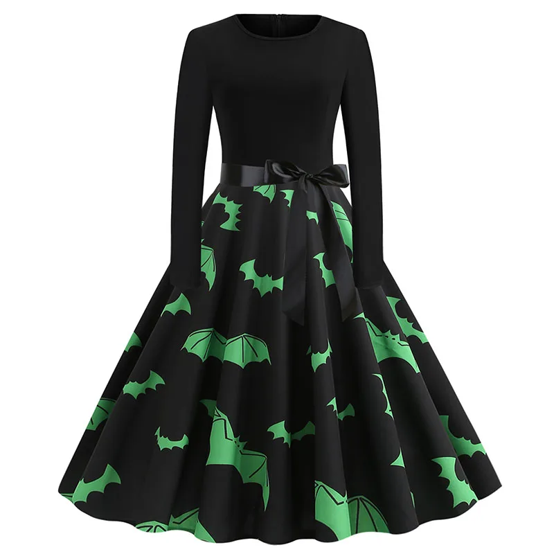 

Black Print Vintage Party Dress Autumn Winter Elegant Women Halloween Crew Neck Long Sleeve Festival Sundress Robe S-2XL Size