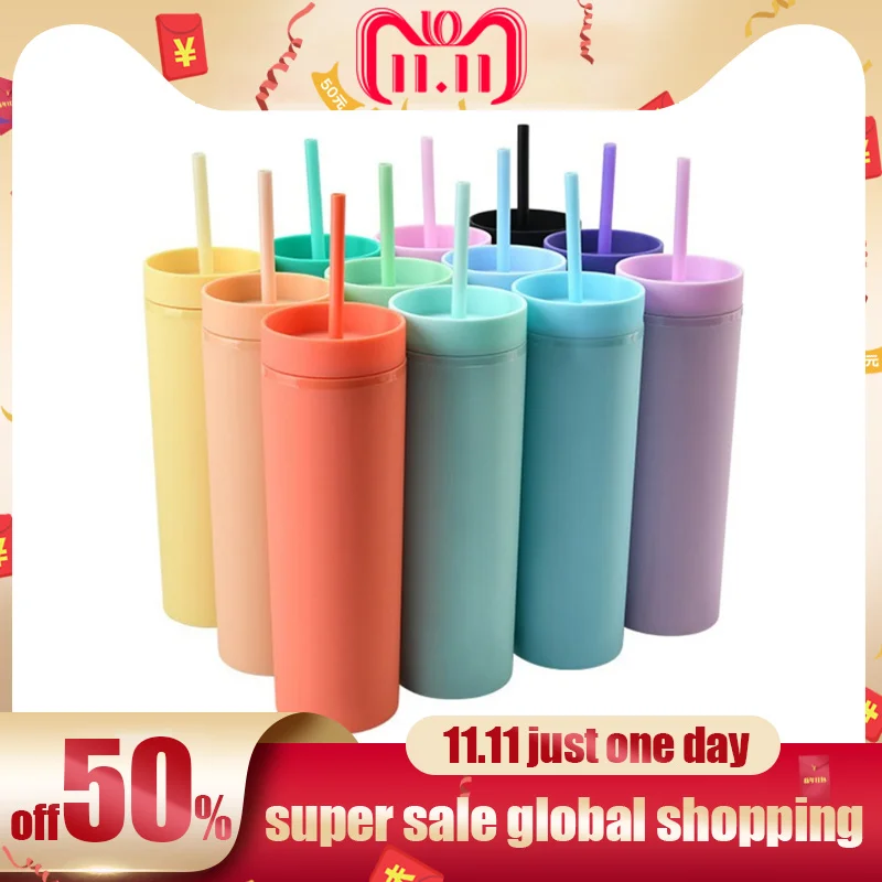 

450ml Double-layer Plastic Frosted Water Cup 16oz Colorful Matte Water Bottle With Straw And Lid Coffee Cup Mug Tumbler Gifts