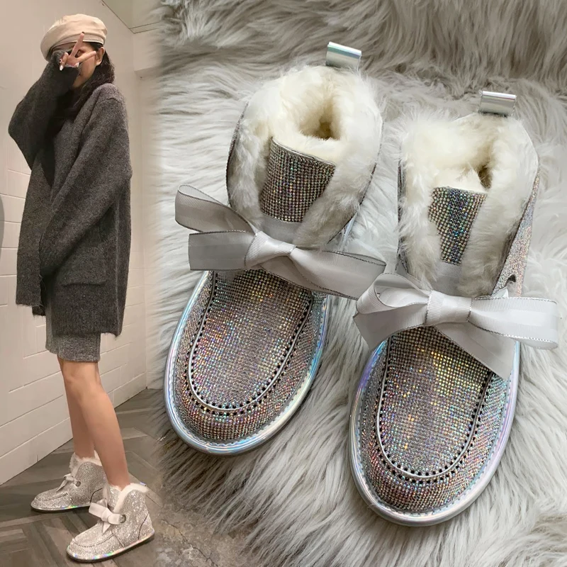 

Новинка 2021, модные теплые короткие сапоги Стразы с мехом, модель 2348 года