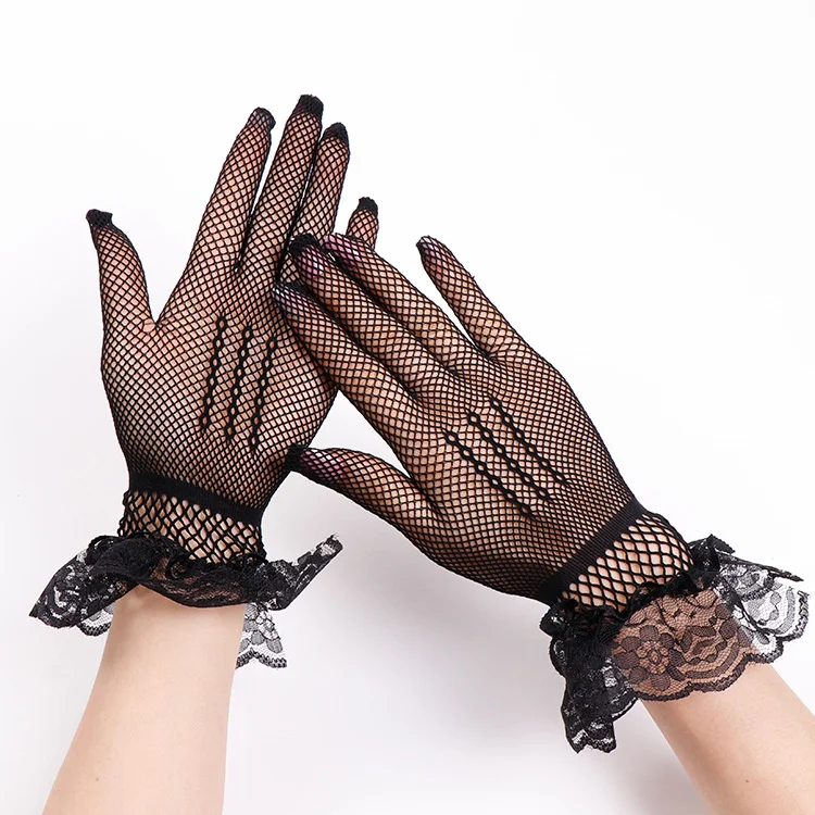 

Elastic gauze gloves lady elegant lace mesh hollow black sexy nightclub dancing etiquette